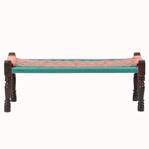 Image of Wooden Bench for Seating | Handcrafted Sheesham Wood Bench for Living Room, Balcony & Garden | Traditional Patio for Outdoor with Cotton Handwoven Rope | Green and Orange