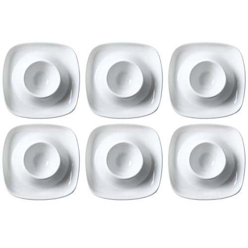 6 hueveras de cerámica blanca con bandeja cuadrada, soporte redondo para huevos duros, apto para microondas y lavavajillas