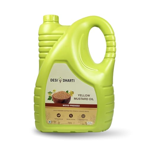Image of Desi Dharti Premium Wood Cold Pressed Yellow Mustard Oil - 5L (Pack of 1) | Natural & Pure, Unrefined, Rich Aroma, Omega-3 & Antioxidants | A1 Grade Mustard Seeds | Ideal for Cooking, Frying, Pickling & Daily Use
