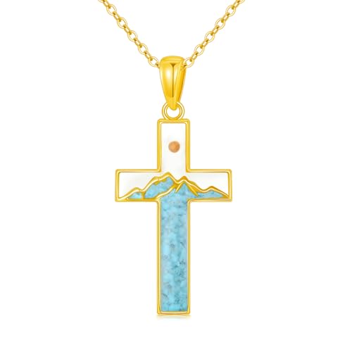 SISGEM Solid 14K Gold Cross Mustard Seed Necklace for Women,14kt Real Gold Cross Mountain Mustard Seed Faith with Turquoise Pendant Necklace Christian Jewelry Gifts Christmas Birthday,16+2 inch
