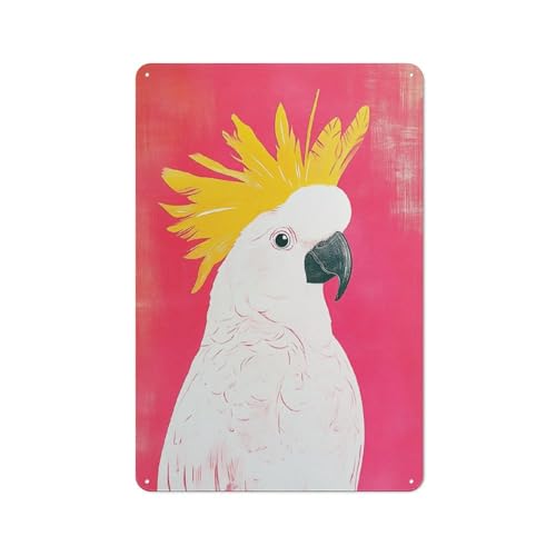 Letreros de metal de estaño con diseño de cacatúa blanca con plumas amarillas, decoración de pared para bar, pub, club, cafetería, granja, blanco, 30 x 20 cm
