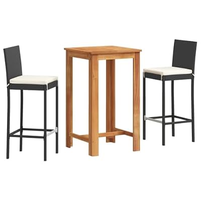 YUOGHRTFE 3 Piece Patio Bar Set with Solid Acacia Wood Table and 2 PE Rattan Stools, Black Poly Rattan Bar Set for Garden Dining