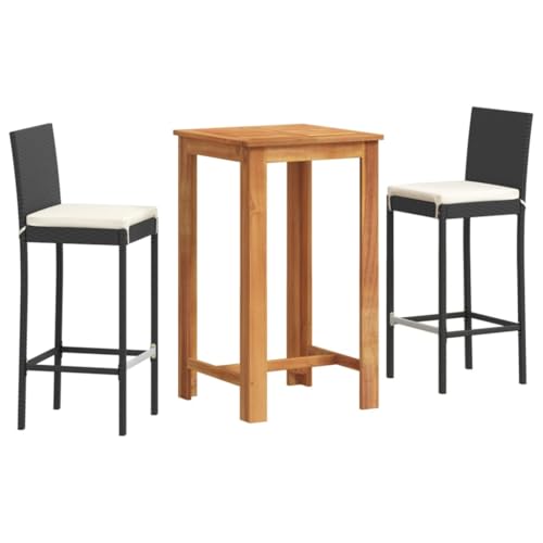 vidaXL 3-Piece Garden Bar Set in Black PE Rattan with Acacia Wood Table - Contemporary Outdoor Furniture for Patio, Deck