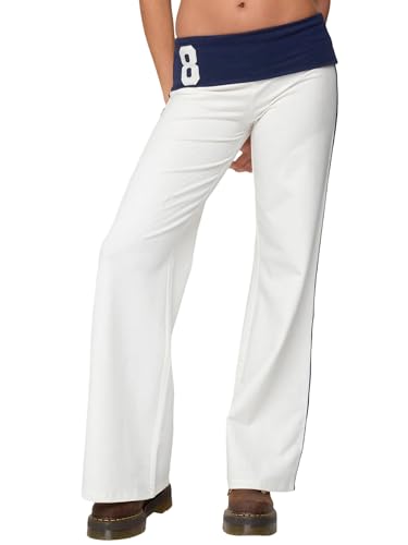 Image of Felcia Women's Y2k Fold Over Yoga Pant Elastic Low Rise Number Print Wide Leg Sweatpants Trendy Going Out Jogger Pants Loungewear (A-White, S)