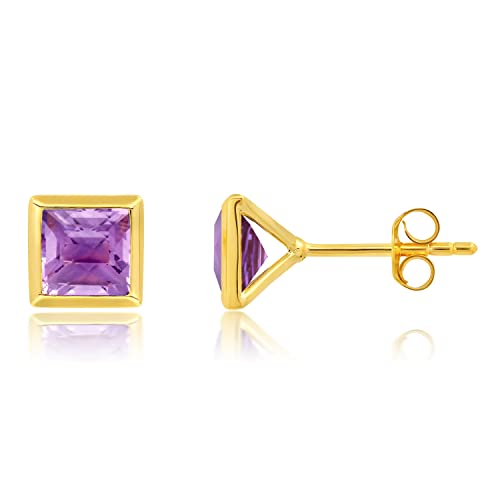 Amethyst Earrings Women Purple Stud February Birthstone Solid Gemstone Real 14K Yellow Gold Plated 925 Sterling Silver Hypoallergenic Princess Cut Lavender Genuine Studs Push Backs Set Nicole Miller #TOP22