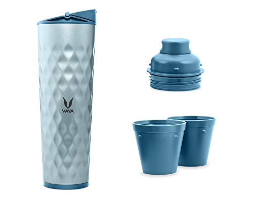 Image of VAYA DRYNK Stainless Steel Water Bottle for Office, 600ml Insulated Water Bottle with Sipper, Gulper Lid, and 2 Tumblers, Hot and Cold Thermos Flask for Adults, Leakproof Travel Bottle,Blue