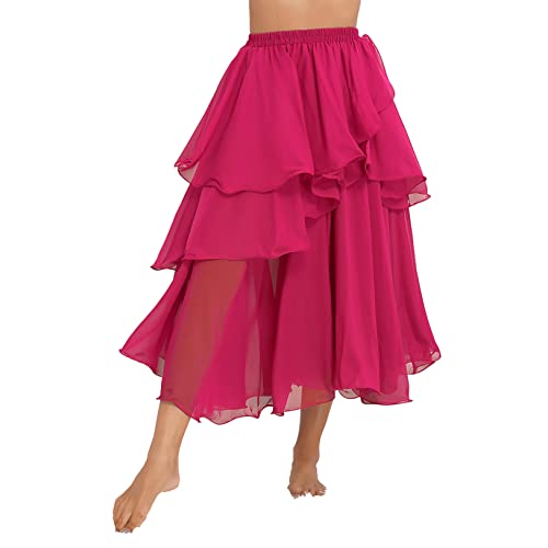 Hularka Women's Ruffle Layered Chiffon Belly Dance Skirt Tiered Long Skirt Ballroom Dance Costume Hot Pink One Size #TOP2