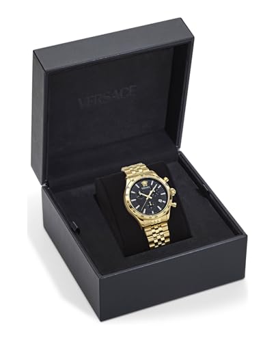 Versace Hellenyium Chrono Petite Collection Luxury Mens Watch Timepieces with a Gold Bracelet and Case Featuring a Black Dial4