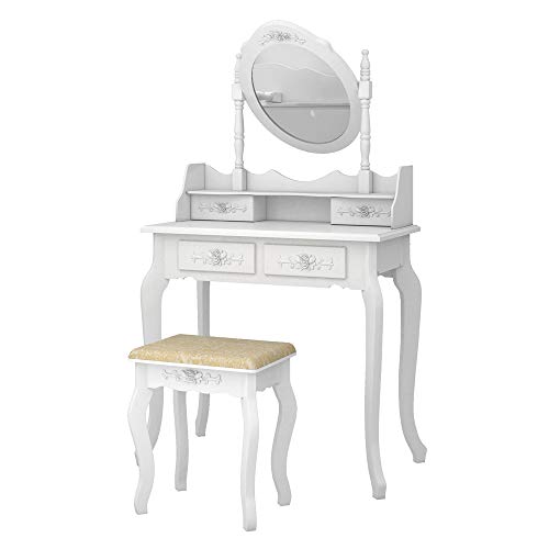 Vanity Table Set, Makeup Table with Oval Mirror Hollow Carved Frame, Wood Dressing Table Cushoined Stool with 4 Drawers Kids Girls Women Bedroom Furniture, White