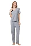 SIORO Womens Cotton Pajamas Set Short Sleeve Sleepwear V-neck Tops Loungewear Nightwear with Long Pants, Steel Gray, Medium