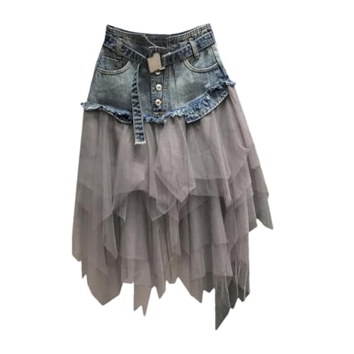 Women Denim Mesh Patchwork Lace Skirt High Waist A Line Asymmetric Frill Tulle Gothic Skirts