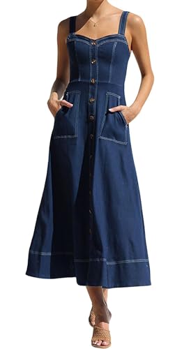 Women's Summer Adjustable Strap Sleeveless Midi Denim Dress Button Down A-Line Swing Flowy Jean Dress
