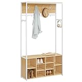 VASAGLE Porte Manteau, Meuble d’Entrée, avec Étagères à Chaussures, Étagères Réglables, Compartiments Ouverts, Style Industriel, pour Entrée, Couloir, Doré Chêne et Blanc Nuage HSR432YA01