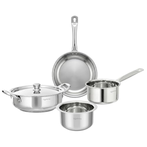 Image of Lifelong Stainless Steel Cookware Set of 5 | Kadhai (2.2L), Fry Pan (1.4L), Saucepan (1.2L), Tope (1.4L) with SS Lid, Induction Bottom, Riveted Handle, Durable Build, Even Heating, Dishwasher Safe