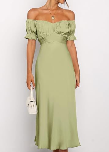 Image of KIRUNDO Women's Satin Summer Wedding Guest Cocktail Dress | 2026 Spring Fall Party Midi Dress, Silky, Elegant Off Shoulder Short Sleeve, Ruffle Mermaid Hem, Wrap Prom Formal Outfits