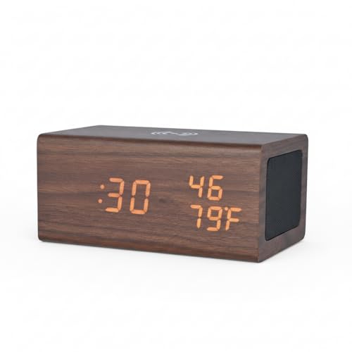 Image of Niyam Multifunctional Luxury Business Gift Wooden Digital Alarm Clock with Wireless Charging, Bluetooth Speaker, Temperature, Humidity (Wooden Bluetooth)