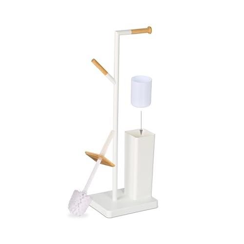 Escobillero portarrollos baño Relaxdays de acero blanco y madera 6