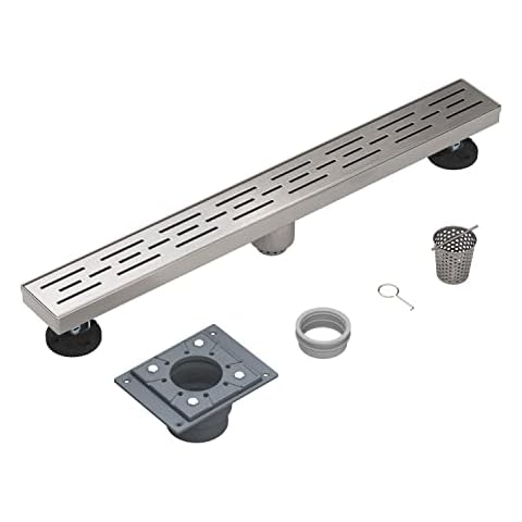 EMBATHER 24 Inches Linear Shower Drain with Removable Pattern Grate, CUPC Certified, 304 Stainless Steel Floor Drain and Shower Drain Base Included Hair Strainer and Leveling Feet, Brushed Nickel Cover