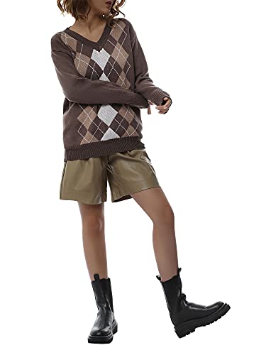 Jersey de mujer de rombos de manga larga con cuello de pico y estampado geométrico informal, para adultos, camiseta clásica y cálida, marrón, L Cover