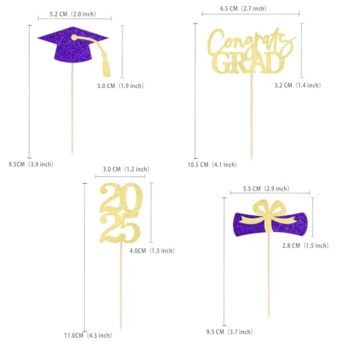 Class of 2025 Graduation Decoration Party Cupcake Toppers, Double-sided Grad Cap Cake Toppers for Graduation Party Supplies 2025 Graduate Party Graduation Decorations(24 pcs, Gold & Purple)