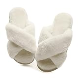 Crazy Lady Women's Fuzzy Fluffy House Slippers Cute Plush Memory Foam Shoes Cross Band Indoor Outdoor Open Toe Sandals(06/White, 7-8)