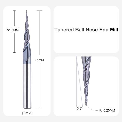 SpeTool Kugelkopffräser 6mm Schaft VHM Konische Fräser CNC 2 Flöten 0,25 mm Radius Schaftfräser mit TiAlN Beschichtung Gravierfräser für Oberfräse 2D und 3D Gravur