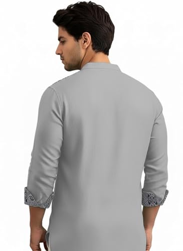 Image of Amazon Brand - INKAST Men's Cotton Blend Mandarin Collar Self One Design Full Sleeve Casual Short Kurta