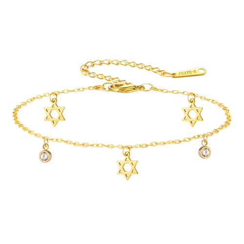LIKGREAT Adjustable Star of David Bracelet for Women Stainless Steel Crystal Beads Jewish Jewelry (gold)