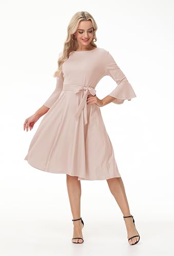 Image of Hostoyo Church Dress for Women Wedding Guest Cocktail Party Dresses Evening Prom Formal Modest Gowns Crew Neck Bell Sleeve