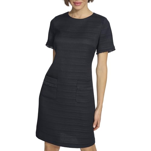 Image of Tommy Hilfiger Women's Pleated Trim Short Sleeve High Neck Shift Mini Dress