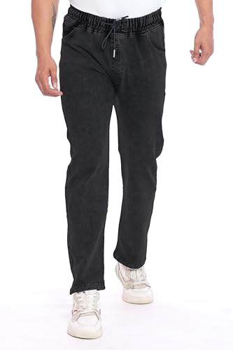 Image of Men's Denim Joggers, Regular Fit, Mid Rise, Stretchable Cotton Blend, Drawstring Waist, Soft Fabric, Multiple Pockets, Tapered Leg Casual Pants