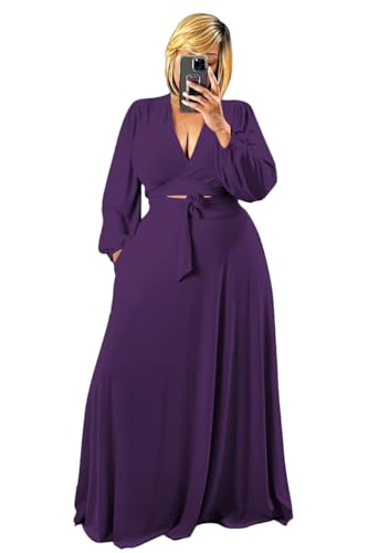 Image of Plus Size Women's 2 Piece Outfits Casual Long Sleeve Wrap Crop Top Maxi Long Dress Flowy Matching Sets