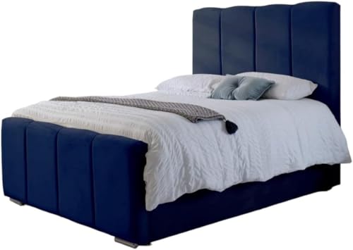 Image of 3FT Single Kensington Bed Frame With Headboard And Footboard Upholstered In Plush Velvet Blue Bed Wooden Slats - No Storage - No Mattress (Blue Plush, 3FT Single - No Mattress - No Storage)