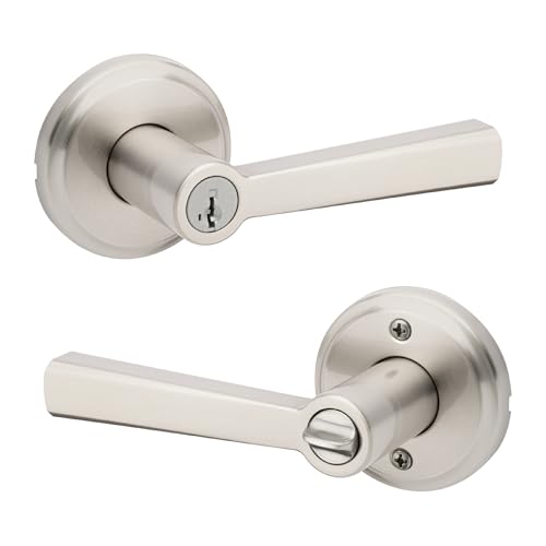 Kwikset Trafford Entry Door Handle with Lock and Key, Secure Keyed Reversible Lever Exterior, for Front Entrance and Bedrooms, Satin Nickel, Pick Resistant Smartkey Rekey Security and Microban