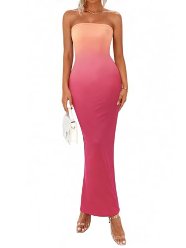 Image of PRETTYGARDEN Women Summer Strapless Maxi Dress Bodycon Floral Sexy Long Wedding Guest Dress Formal Tube Mesh Cocktail Dresses