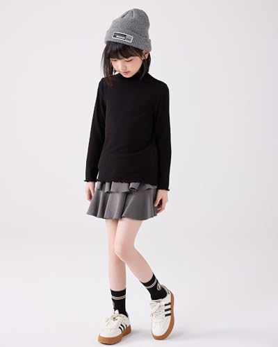 Image of ACESTAR Girls Solid Lettuce Trim Mock Neck Shirt Long Sleeve Slim Fit Ribbed Knit Tee Ruffle Tops Soft Base Layer