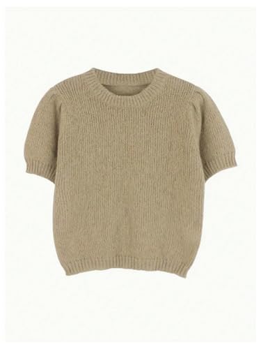 Image of GORGLITTER Women's Puff Sleeve Crewneck Knit Shirt Top Short Sleeve Solid Loose Sweater Khaki Large