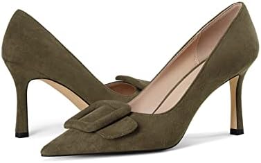 Fericzot Women's Stiletto High Heel Pumps Wedding Party Closed Classic Dress Heeded Shoes with Square Buckle Dark Green-Suede 7 | Image 3