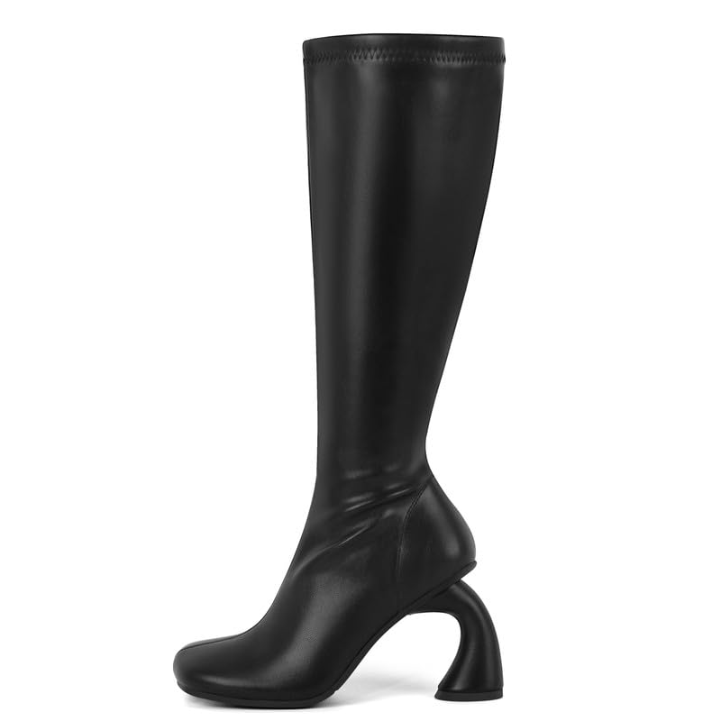 Knee High Boots for Women High Heel Boots 3 74 Inch PU Leather Retro Curved Heel for Fall
