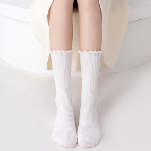 Image of Womens Ruffle Socks Fashion Breathable Solid Color Turn-Cuff Cute Girls Ankle Socks 3 Pairs