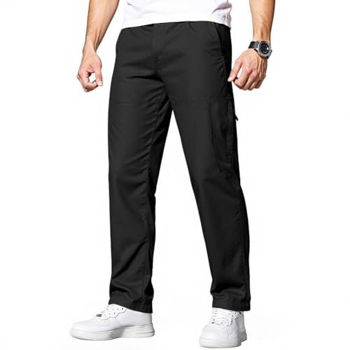 Misfuso Pantalon pour Homme Grande Taille en Coton Pantalon Homme Ample Décontracté avec Ceinture Elastique et Poches Noir XL