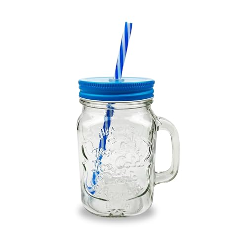 500ml Blue Mason Jar with Lid and Straw – Reusable Glass Tumbler for Iced Coffee, Tea, Bubble Tea, Smoothies, Juices – Leakproof & Durable Drinking Cup for Home, Work & Travel
