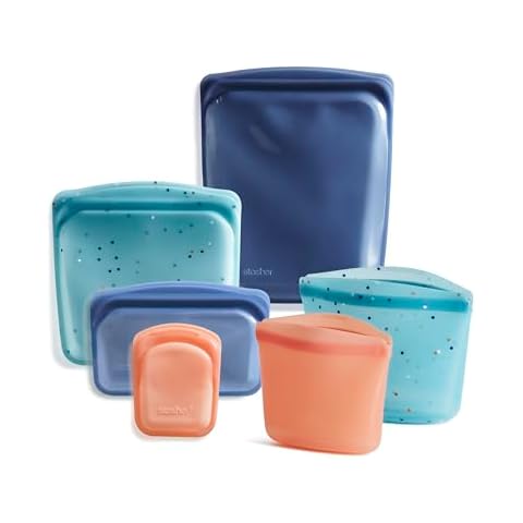 Stasher Premium Silicone Reusable Food Storage Bags, 6-Pack, Starter Kit, Clear, Multi-Use Food Storage Bags, Lunch Bag, Travel Containers, BPA Free, Leak-free, Dishwasher-Safe, Eco-friendly Cover