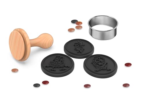 CÉCOA • Tampon Biscuits Pirate 3 Empreintes + Emporte-Pièce Rond • Kit Pâtisserie Enfant • Moule Sablés Décorés • Silicone Alimentaire Sans BPA...