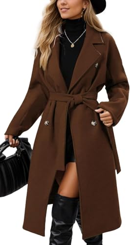 Abrigo Largo de Tweed de Invierno para Mujer Abrigo Cruzado con Solapa Resistente al Viento cálido clásico de Invierno Gabardina con cinturón (Marrón,S)