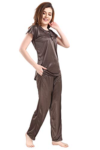 Image of Romaisa Women's Brown Satin Night Suit Set for Women - Stylish Pajama Set Sleepwear Lounge Wear Comfortable Nightwear