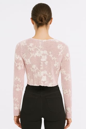 Image of ICW Women Long-Sleeves Boat Neck Transparent Mesh Sheer Floral Embroidery Crop Top T-Shirt DN648