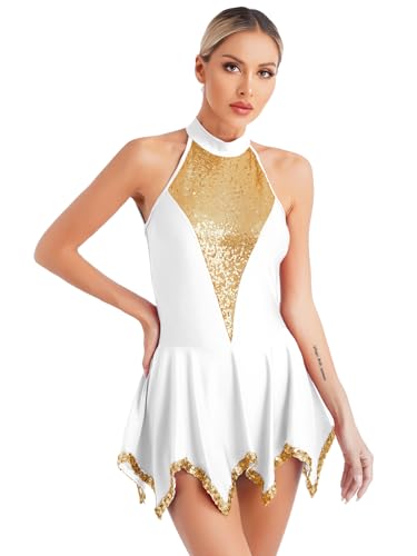 CHICTRY Kürkleider Eiskunstlauf Damen Pailletten Glitzer Rollkunstlauf Kleid Neckholder Lyrisches Tanzkleid Ärmellos Ballettkleid mit Asymetrisch...