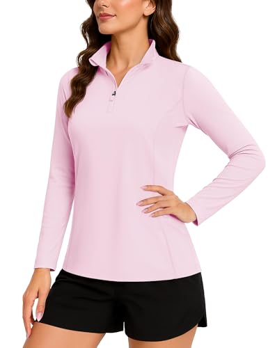 TACVASEN Women's Rash Vest Longsleeve Breathable T-Shirts Lightweight Soft Activewear UPF 50+ UV Protection Tops (M, Light Pink)