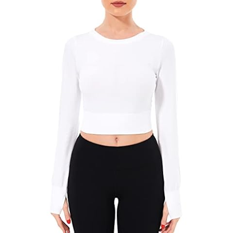 MathCat Crop Long Sleeve Workout Shirts for Women,Seamless Workout Crop Tops Athletic Gym Workout Tops with Thumb Hole, White, L Cover